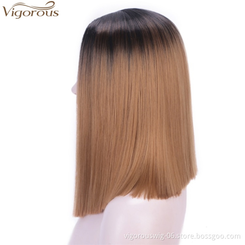 Vigorous 14 inch Short Straight Bob Hair Synthetic Wigs For Women 2 Tone Ombre Brown Color Wigs Middle Part Glueless Cosplay Wig